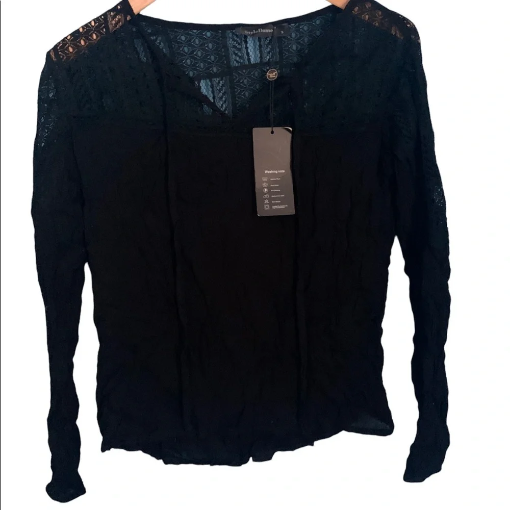 Style Dome Black Long Sleeve a crochet Top Tunic NWT Size S